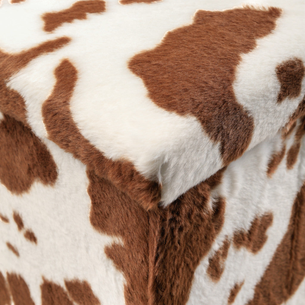 15" White And Brown Faux Fur Cow Print Ottoman