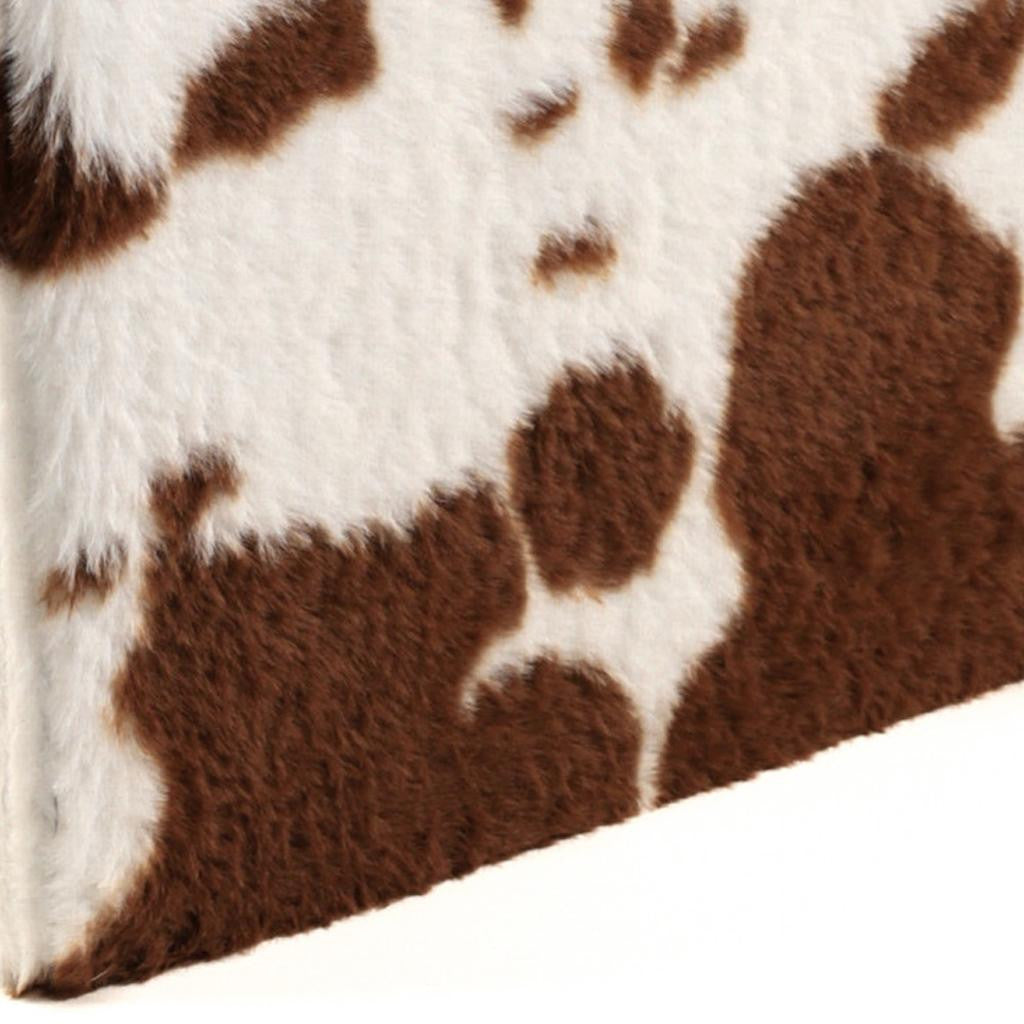 15" White And Brown Faux Fur Cow Print Ottoman