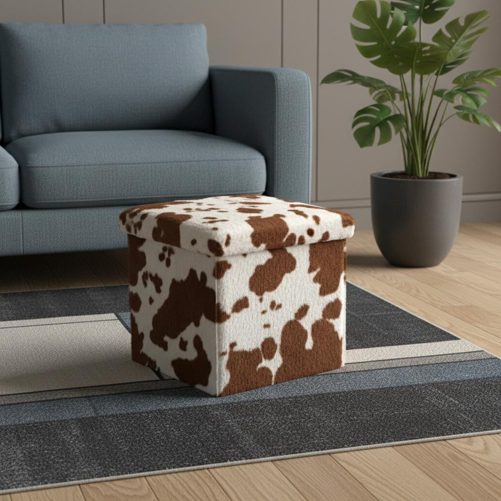 15" White And Brown Faux Fur Cow Print Ottoman