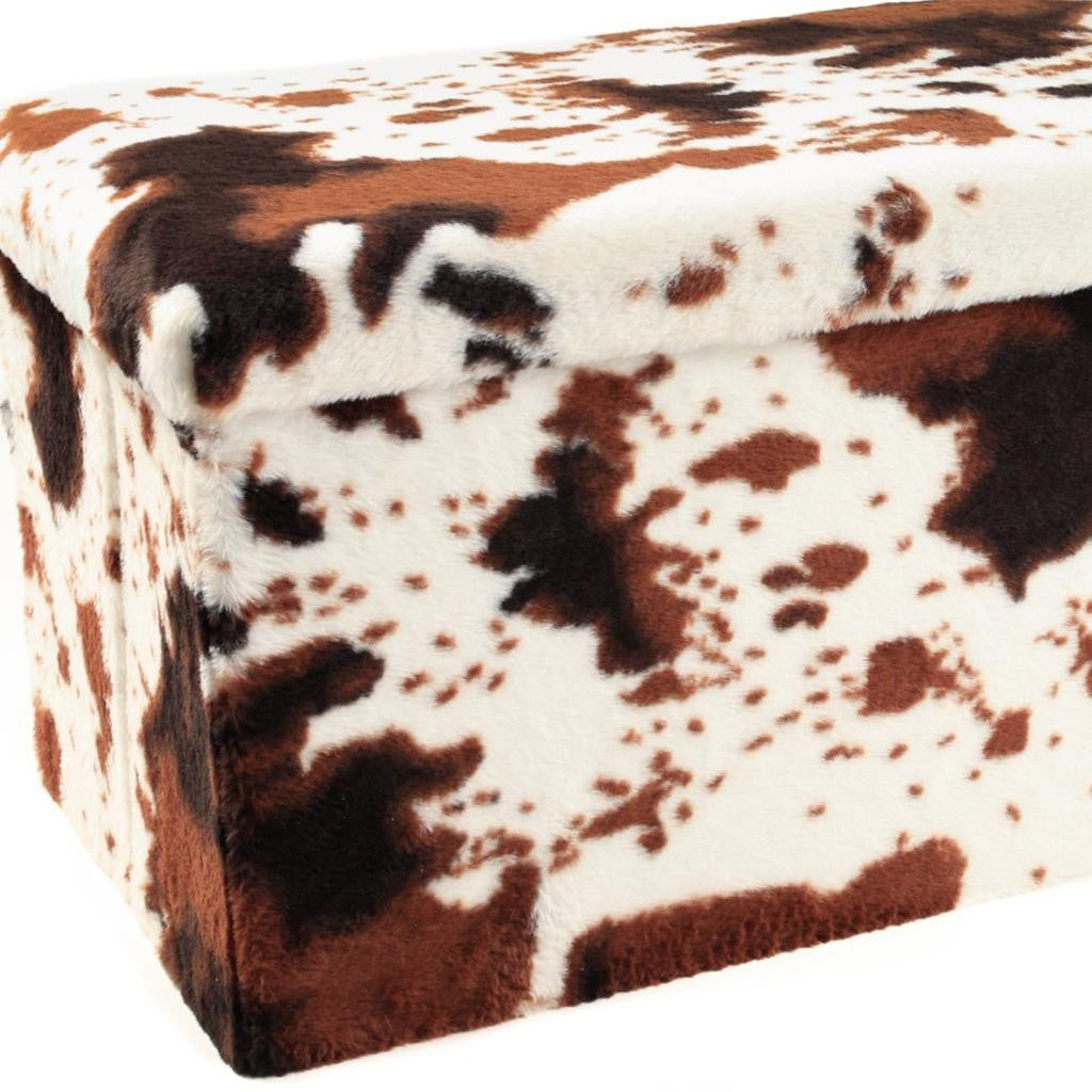30" White And Brown Faux Fur Cow Print Ottoman
