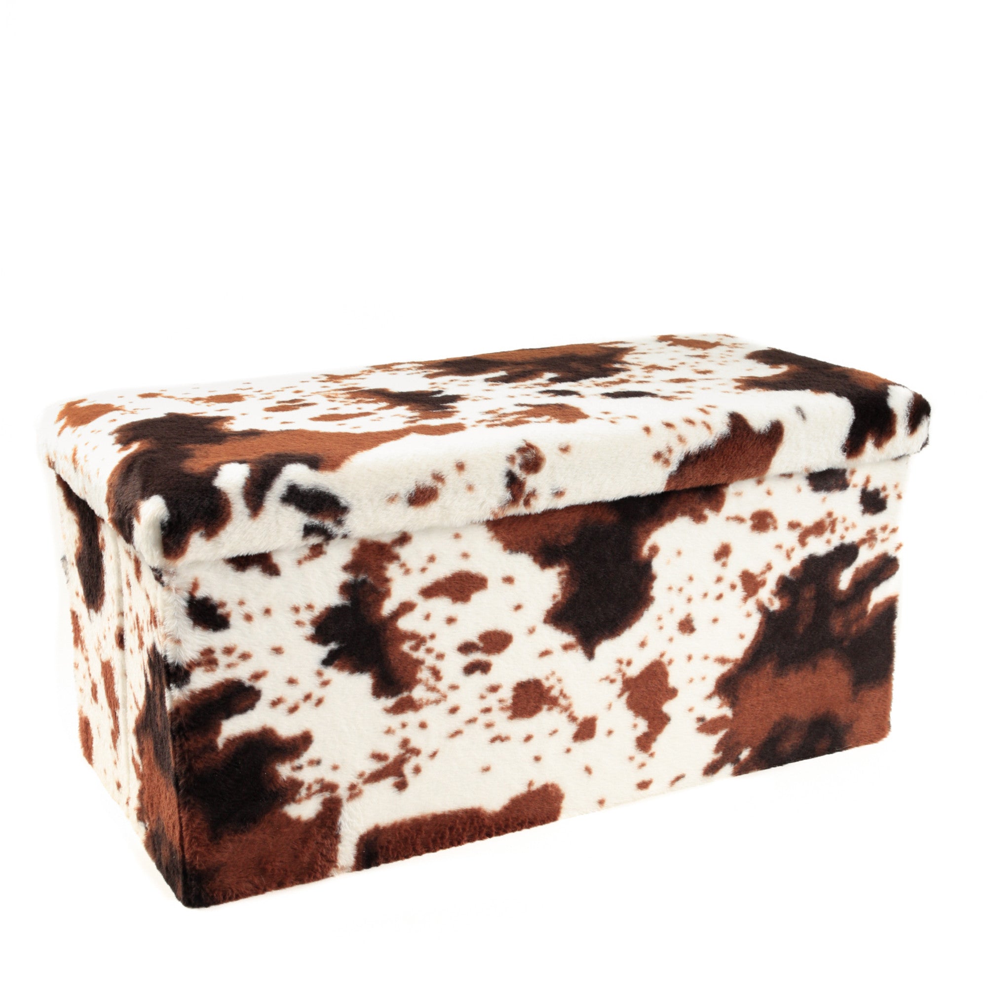 30" White And Brown Faux Fur Cow Print Ottoman