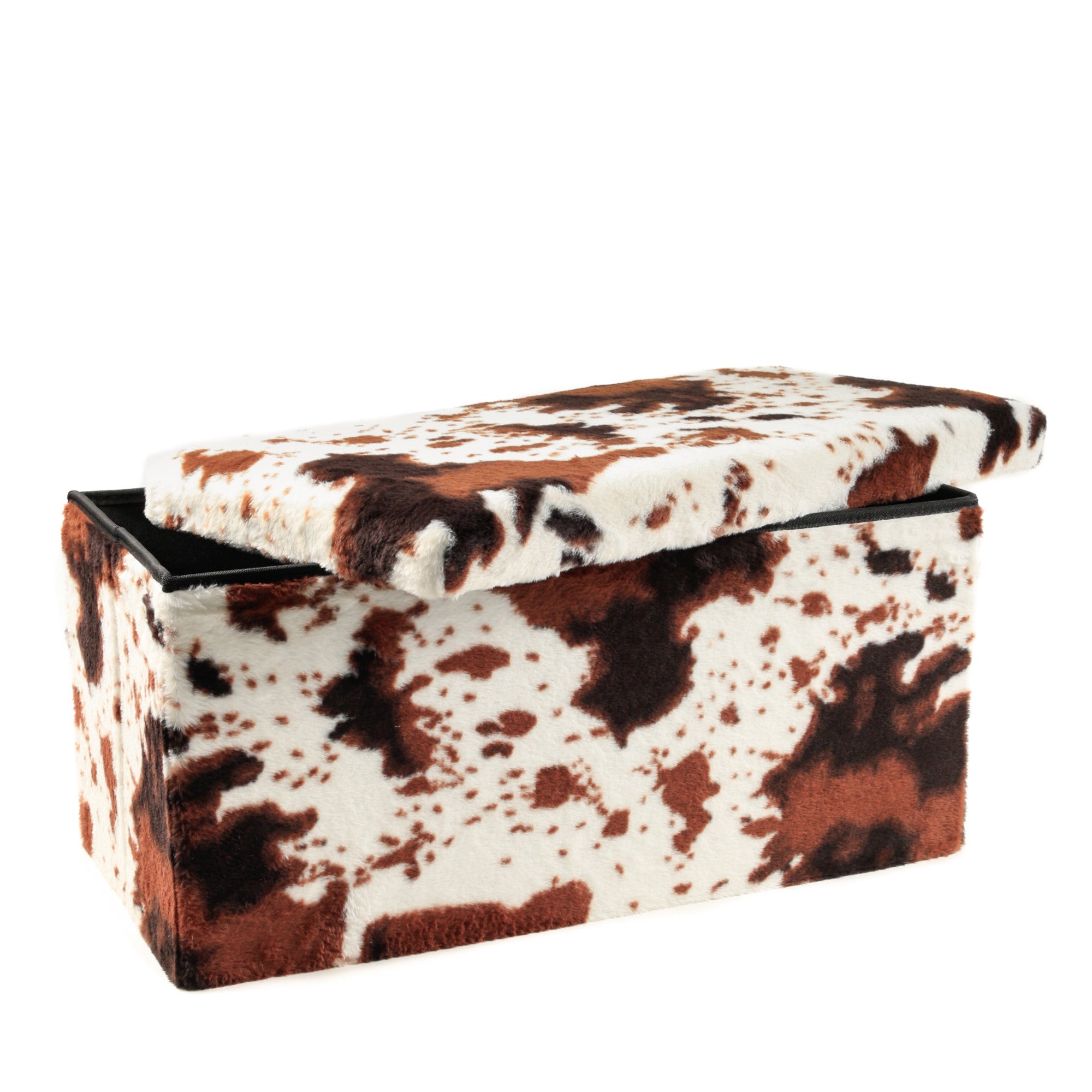 30" White And Brown Faux Fur Cow Print Ottoman