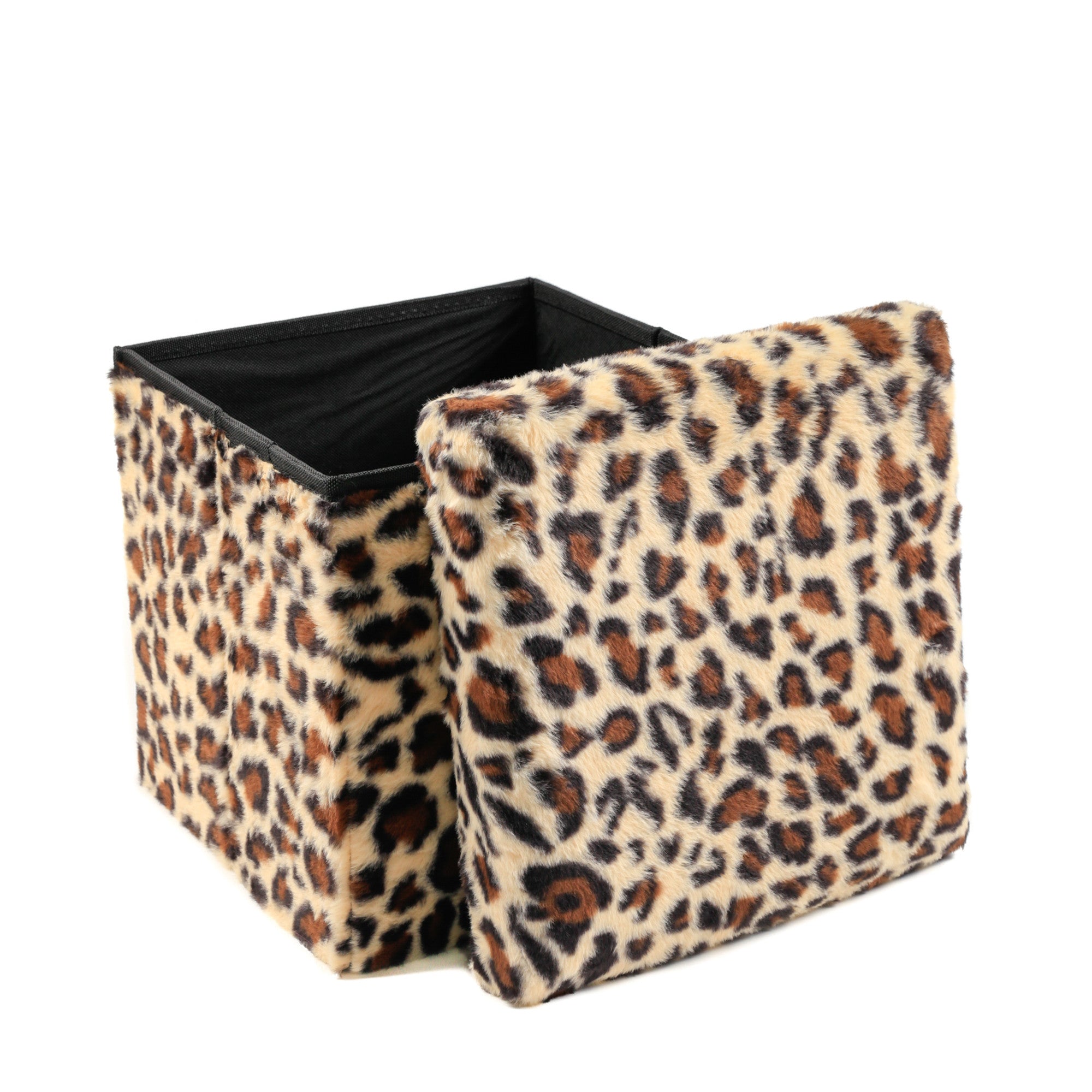 12" Black And Tan Faux Fur Leopard Ottoman