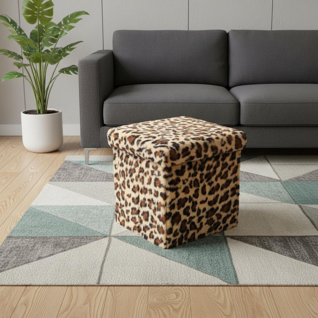 12" Black And Tan Faux Fur Leopard Ottoman