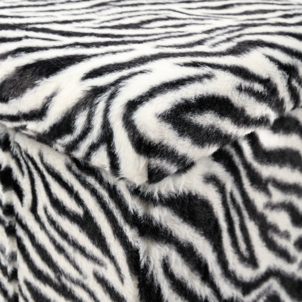 12" Black And White Faux Fur Zebra Ottoman