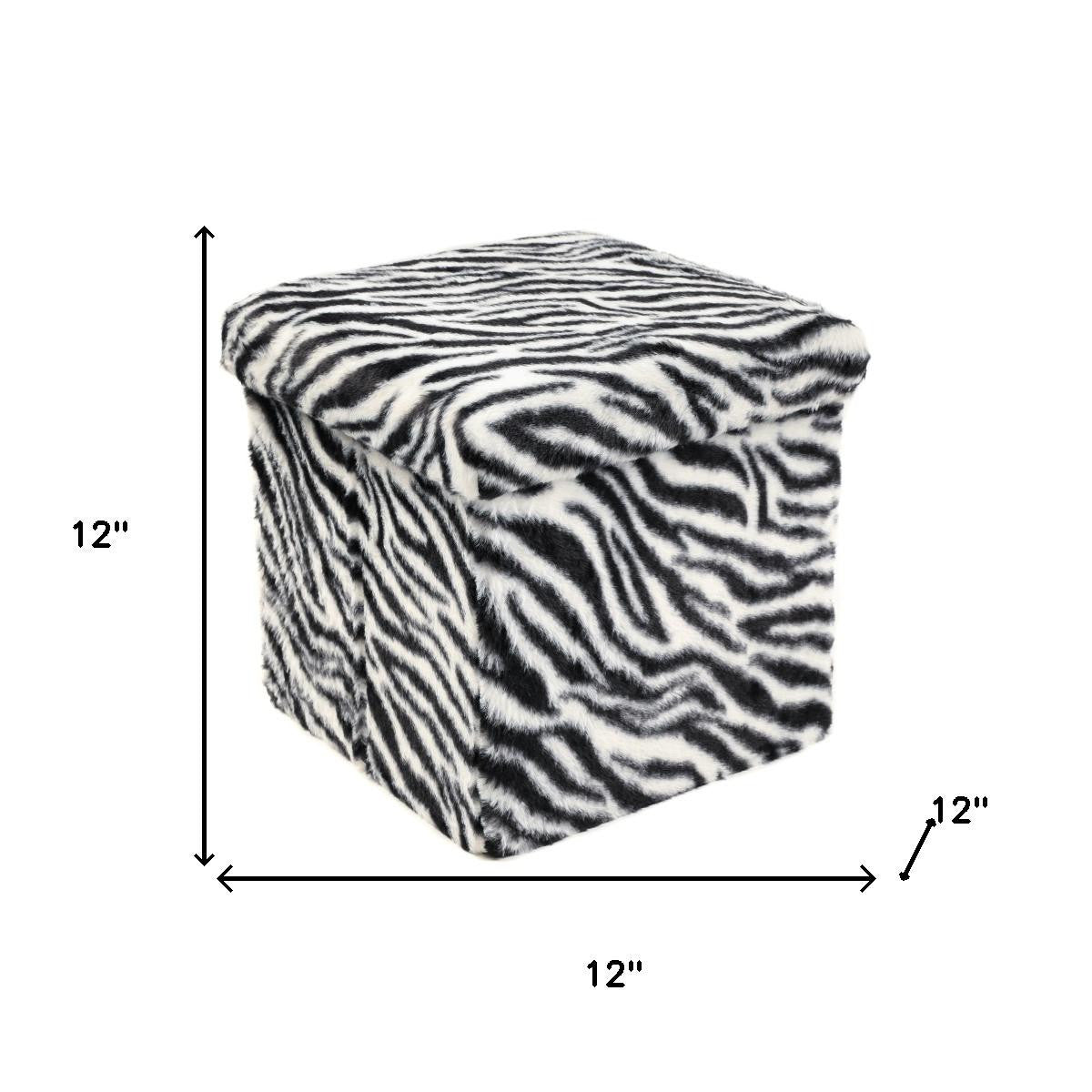 12" Black And White Faux Fur Zebra Ottoman