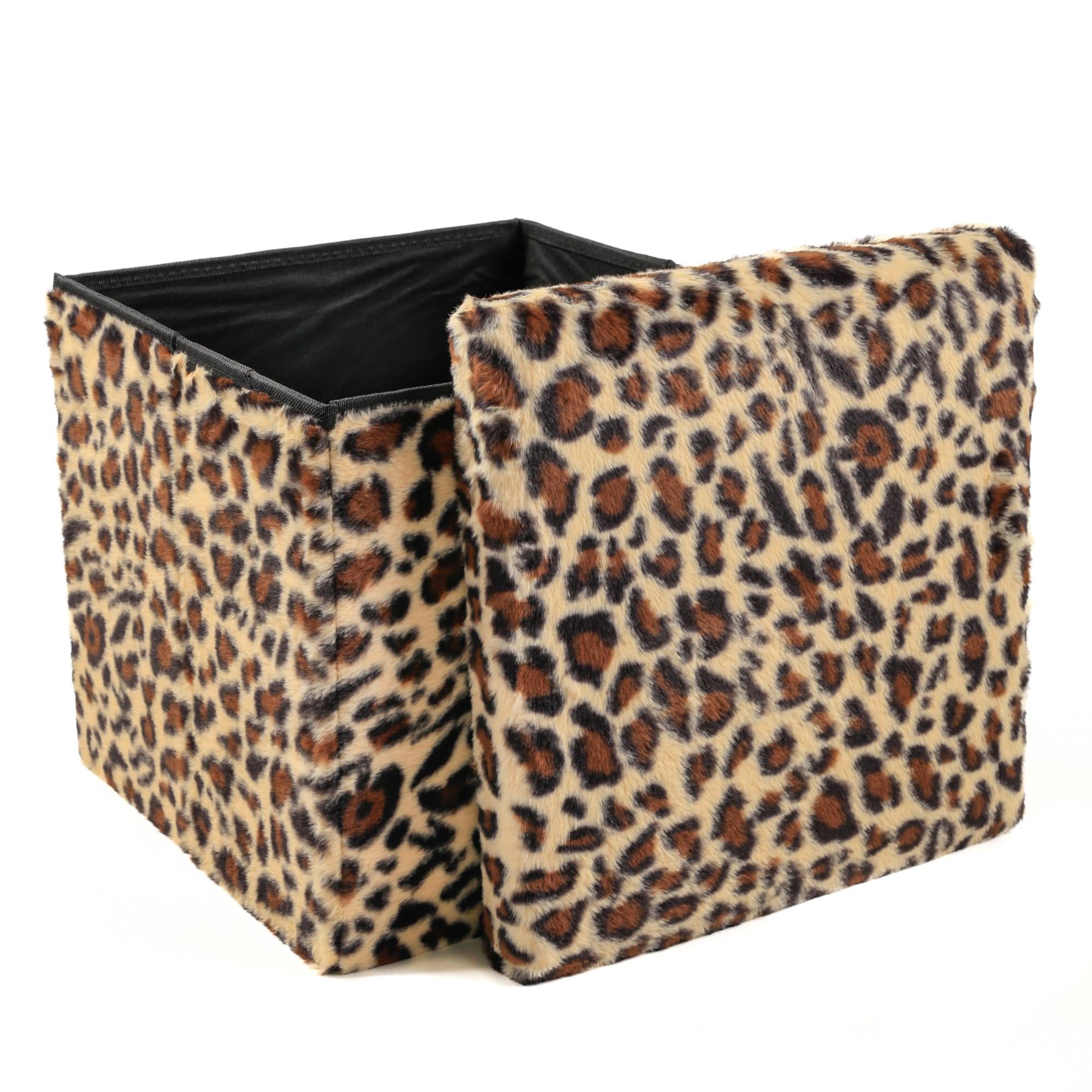 15" Tan And Black Faux Fur Leopard Ottoman