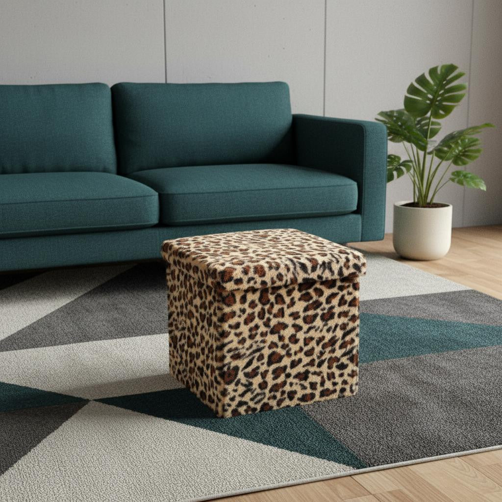 15" Tan And Black Faux Fur Leopard Ottoman