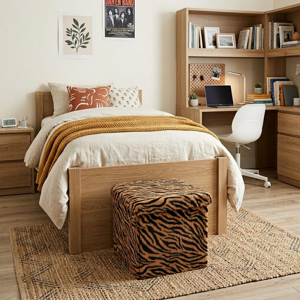 15" Tan And Black Faux Fur Tiger Ottoman