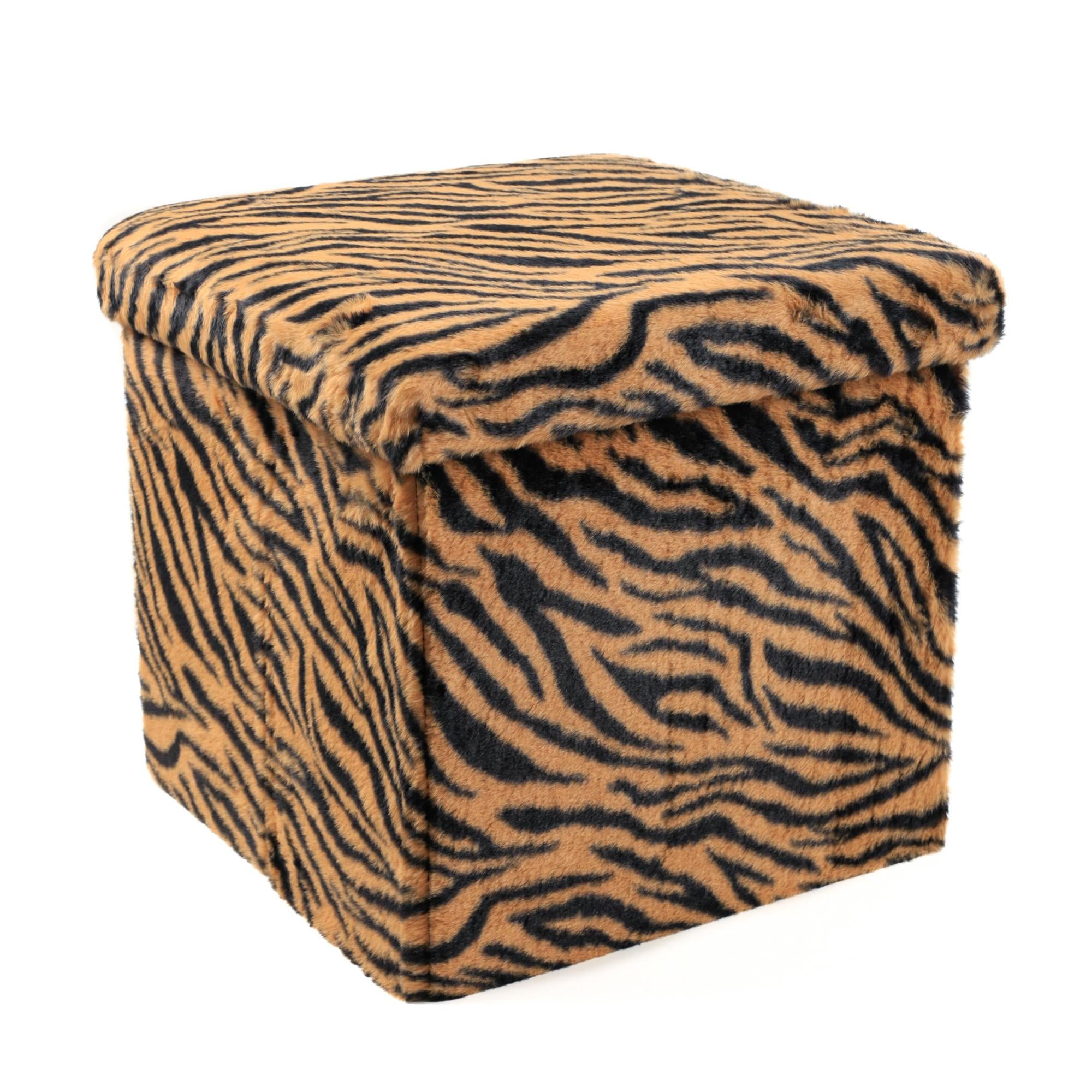 15" Tan And Black Faux Fur Tiger Ottoman