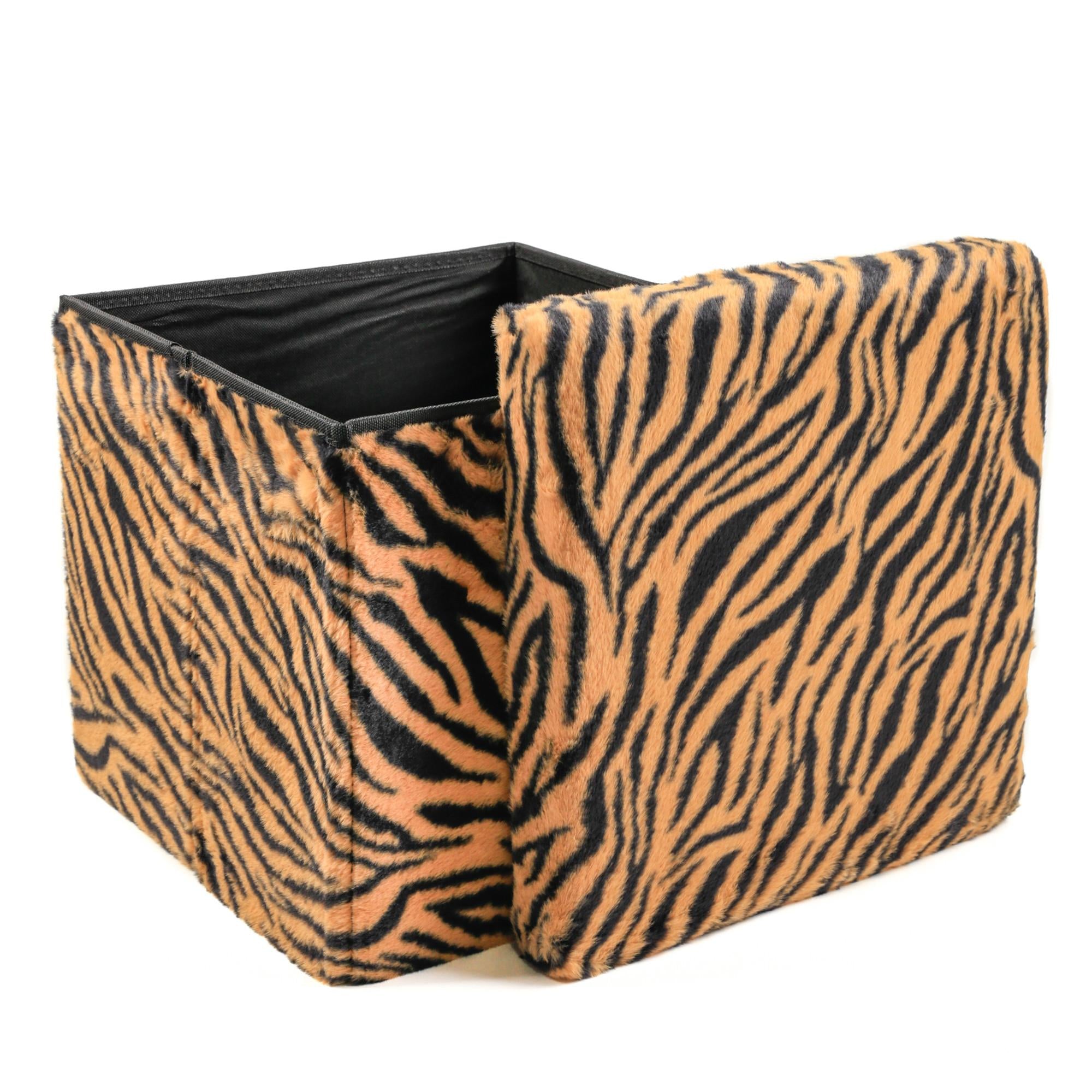 15" Tan And Black Faux Fur Tiger Ottoman