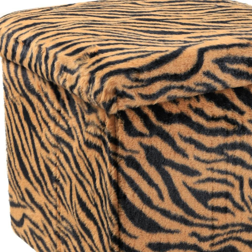 15" Tan And Black Faux Fur Tiger Ottoman