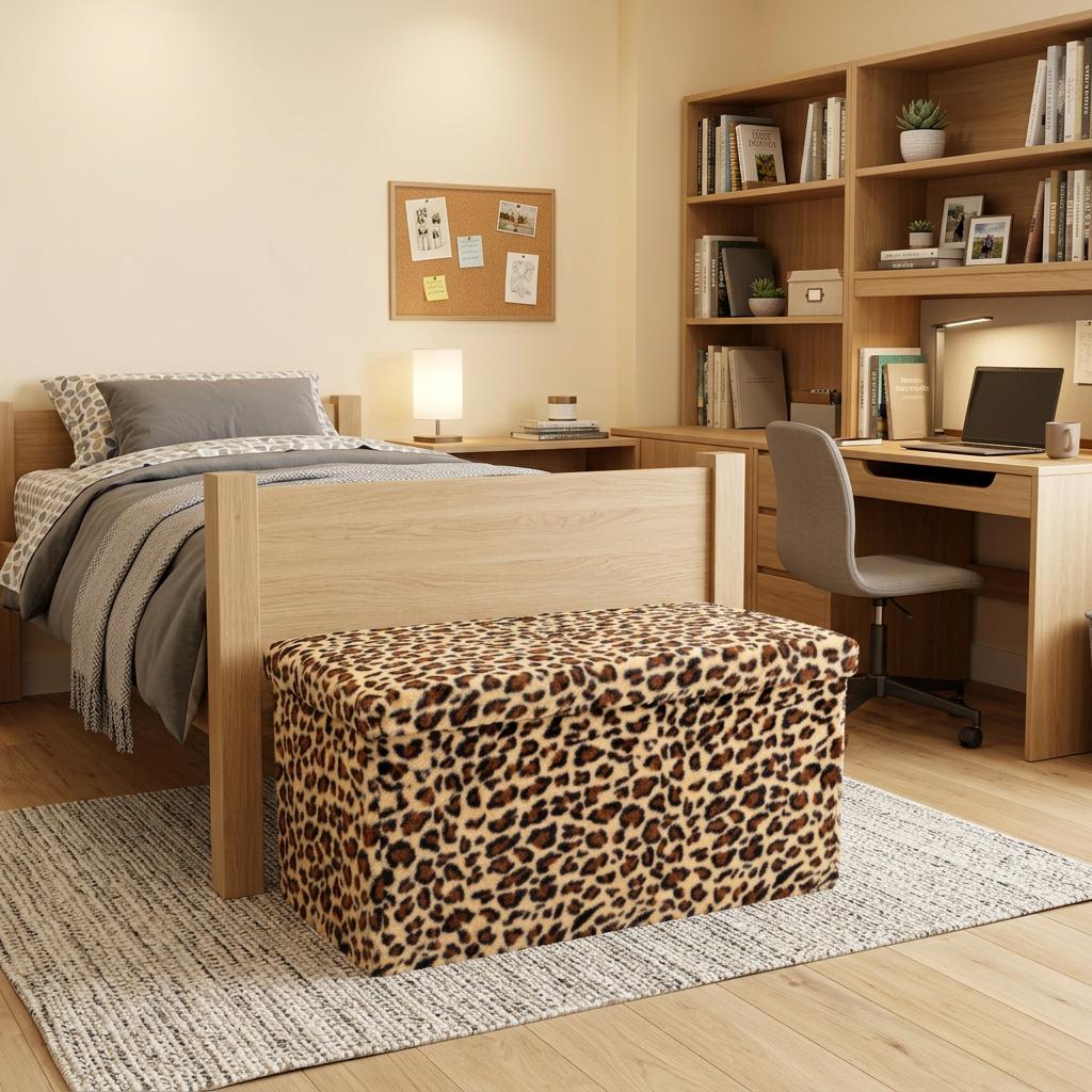 30" Tan And Black Faux Fur Leopard Ottoman