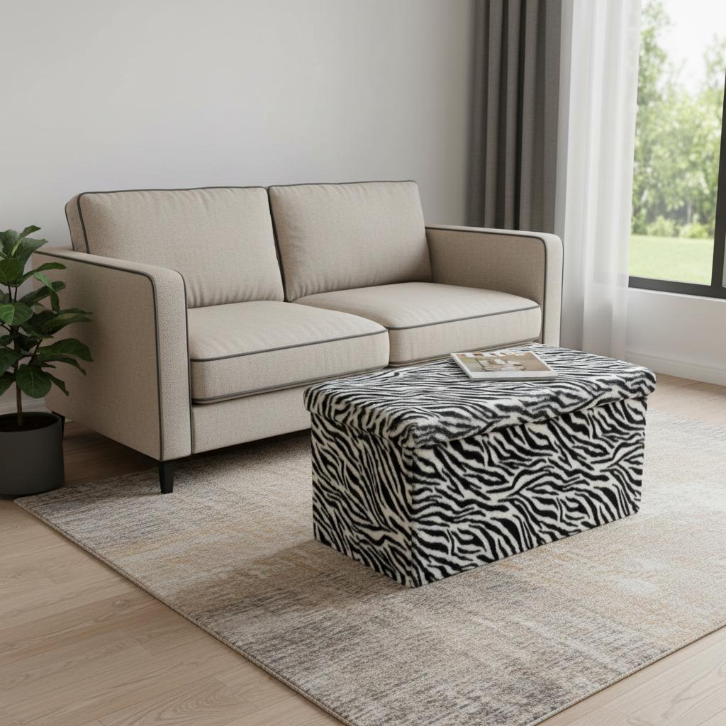 30" Black And White Faux Fur Zebra Ottoman