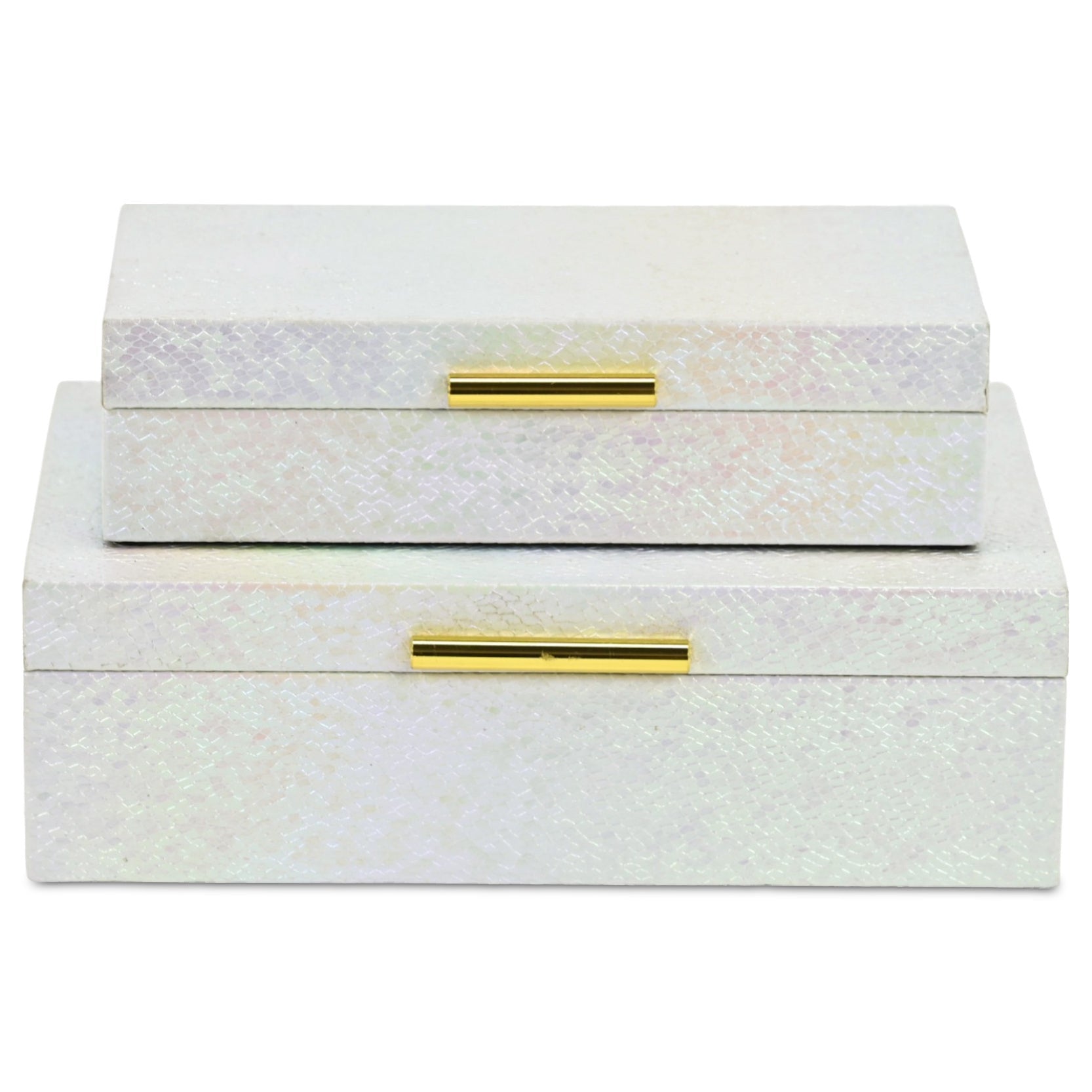 Set of Two White And Gold Faux Shagreen Nesting Storage Boxes With Lids
