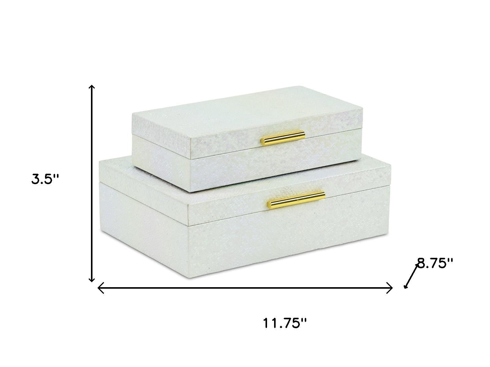 Set of Two White And Gold Faux Shagreen Nesting Storage Boxes With Lids