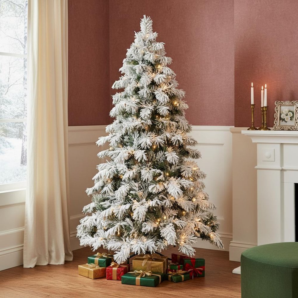 5' Green And White Pre Lit Full Flocked Pine Christmas Tree