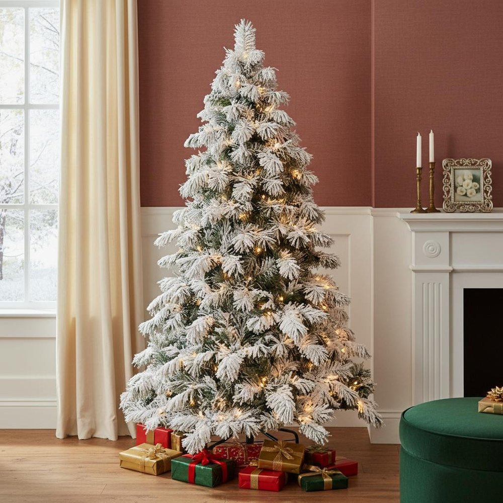 5' Green And White Pre Lit Full Flocked Pine Christmas Tree