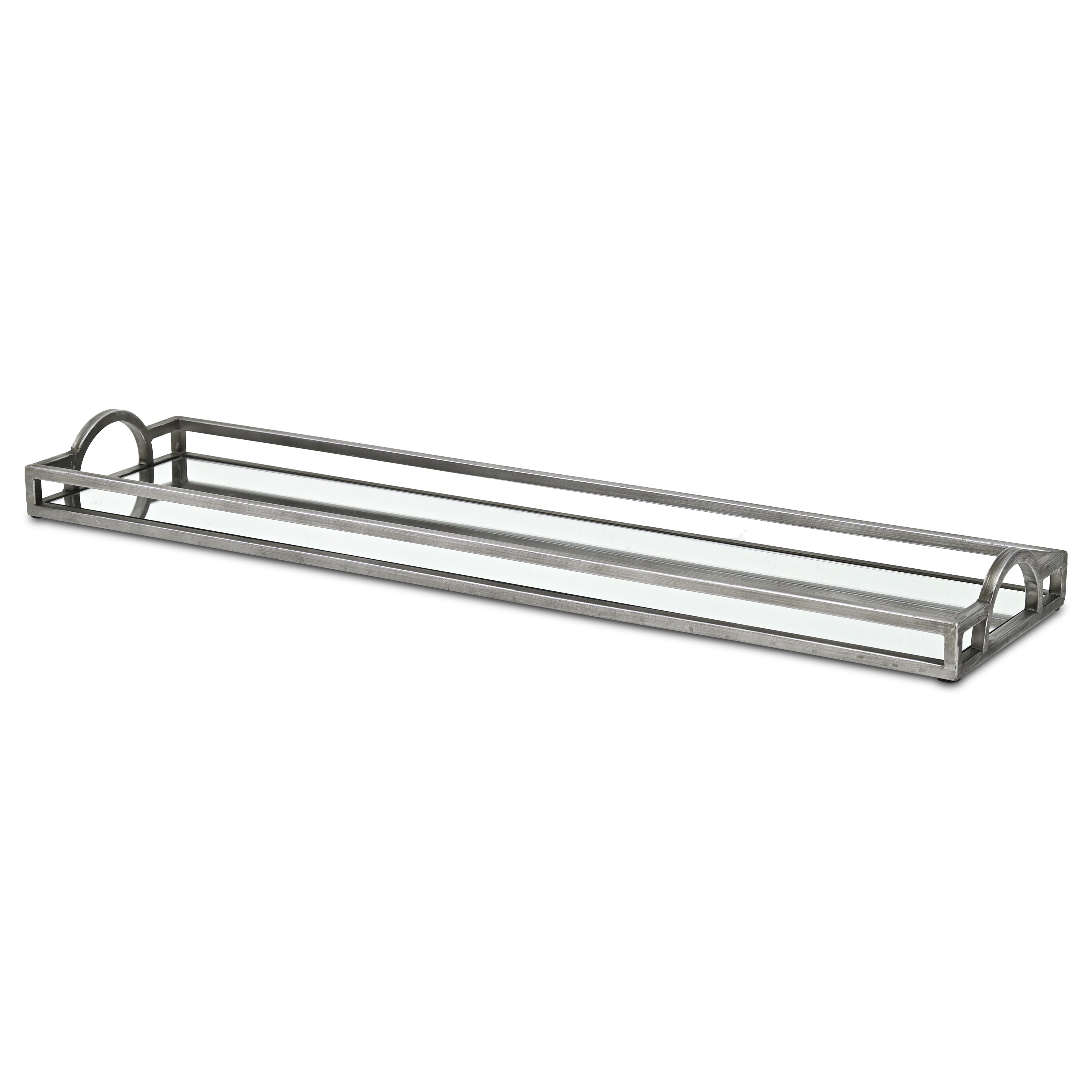 32" Silver Metal And Mirrored Glass Handmade Vanity Tray With Handles