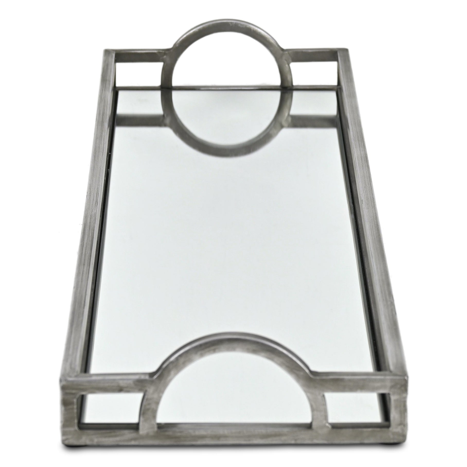 32" Silver Metal And Mirrored Glass Handmade Vanity Tray With Handles