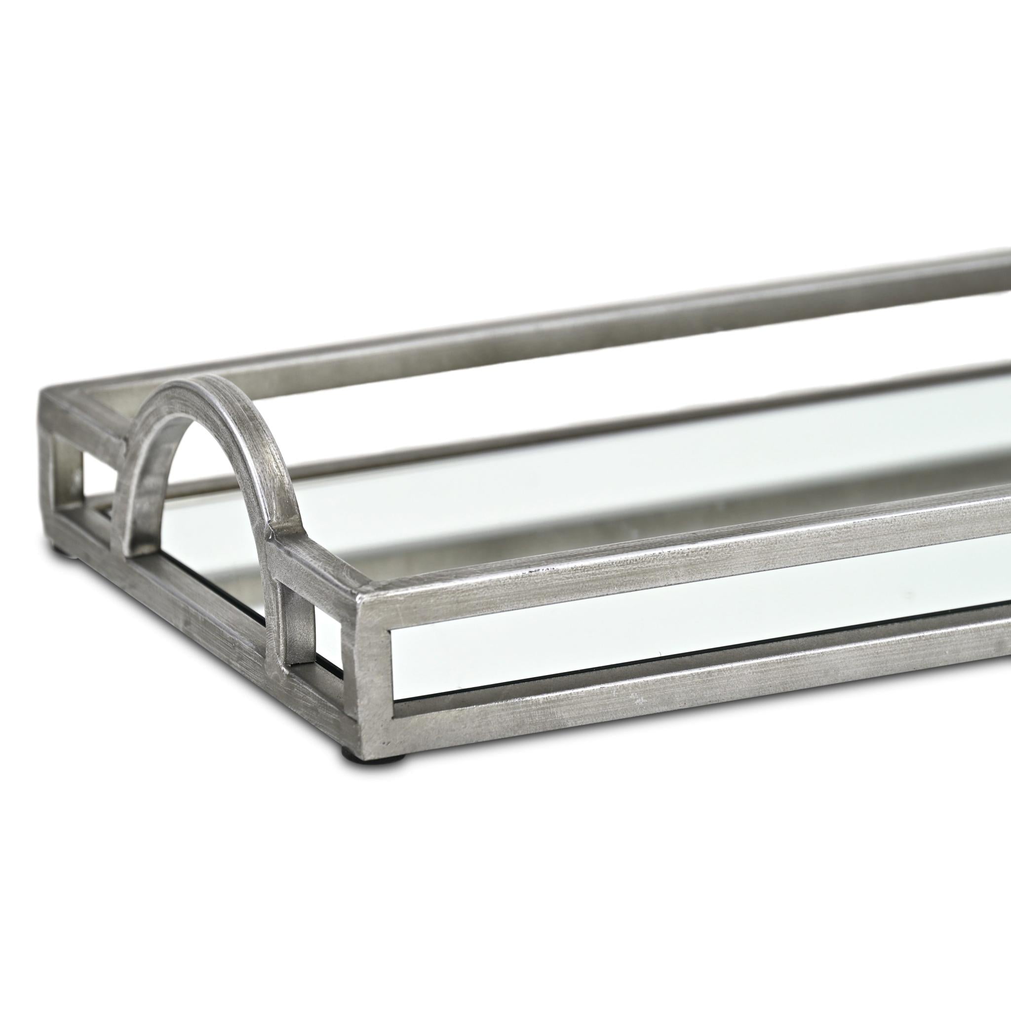 32" Silver Metal And Mirrored Glass Handmade Vanity Tray With Handles
