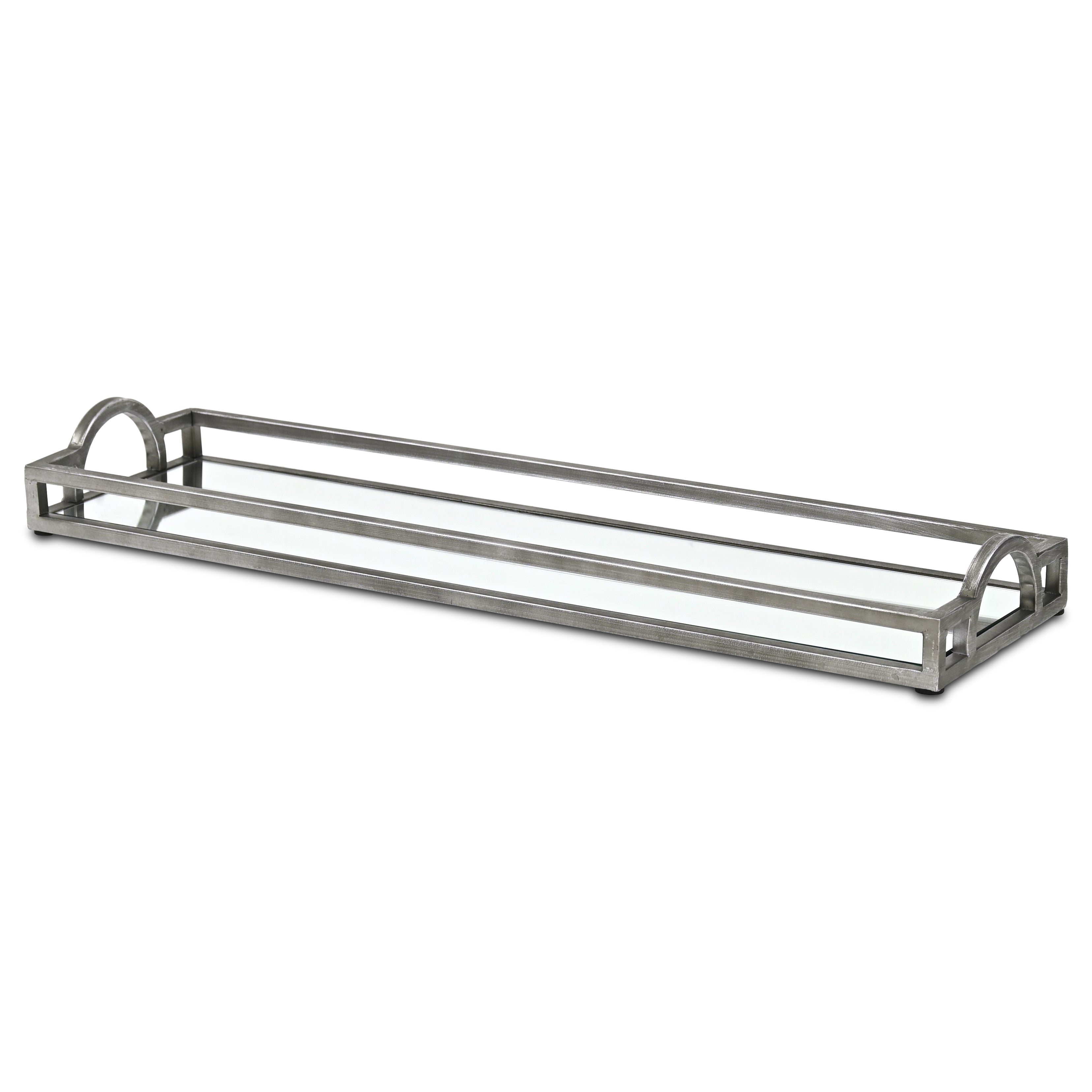 24" Silver Metal And Mirrored Glass Handmade Vanity Tray With Handles