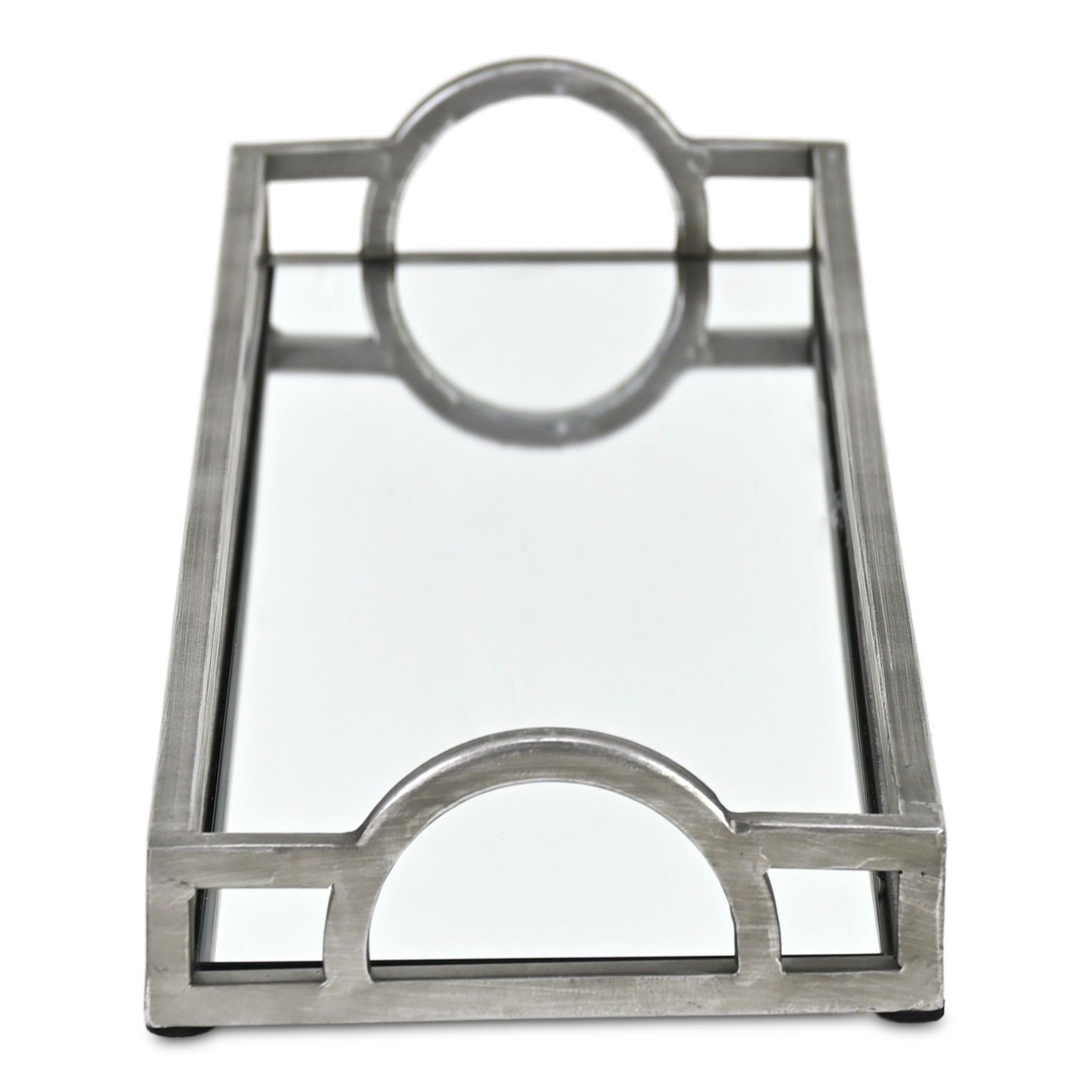 24" Silver Metal And Mirrored Glass Handmade Vanity Tray With Handles
