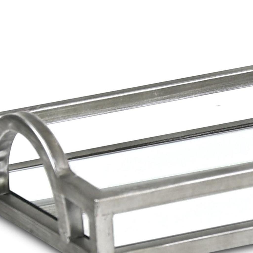 24" Silver Metal And Mirrored Glass Handmade Vanity Tray With Handles