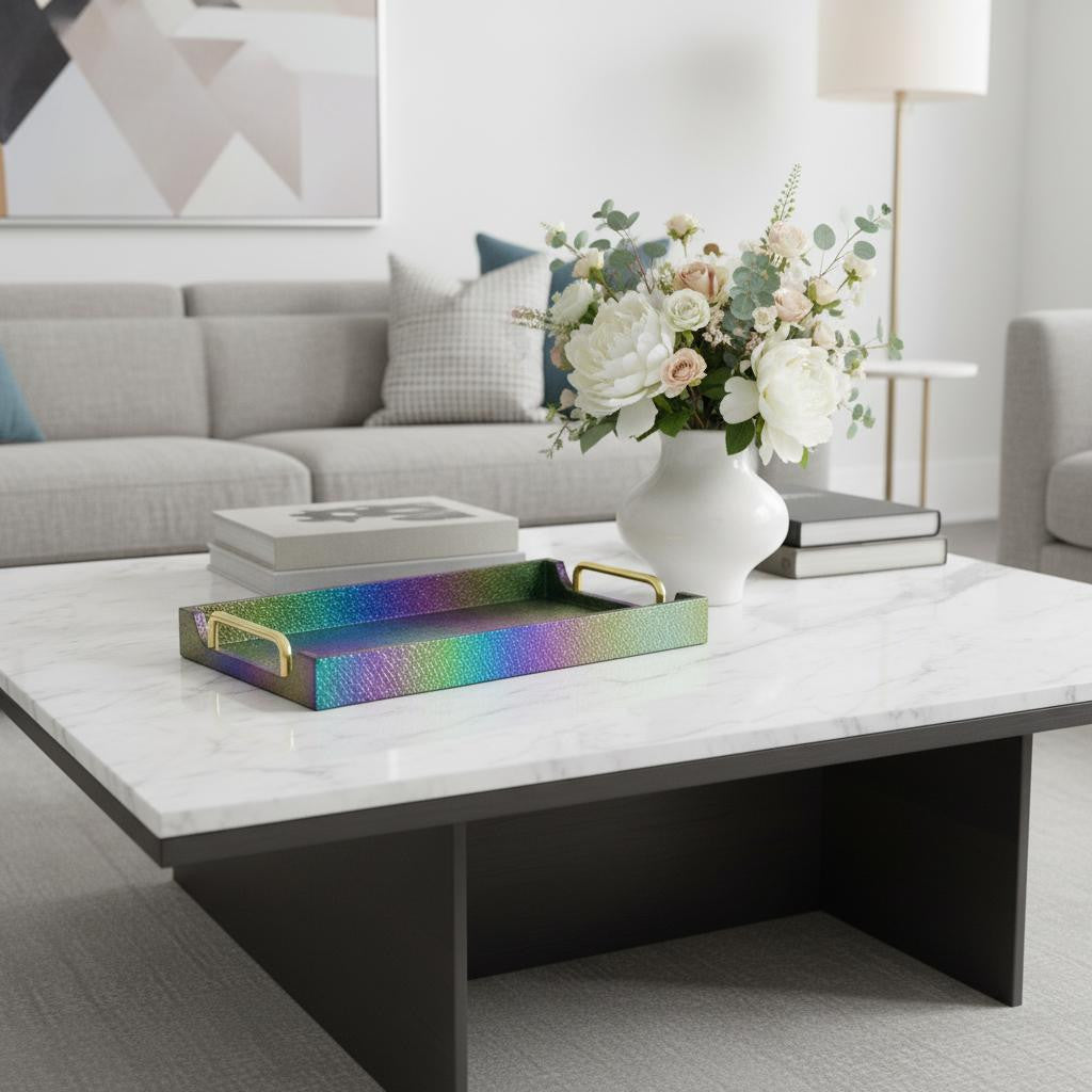 16" Rainbow Faux Shagreen Serving Tray With Handles
