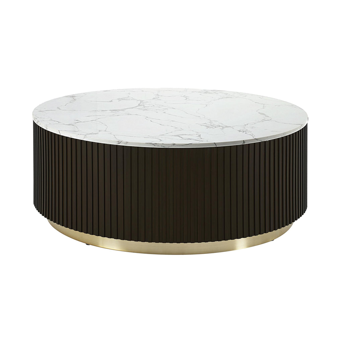 35" White Espresso and Gold Faux Marble Solid Wood and Steel Round Drum Coffee Table