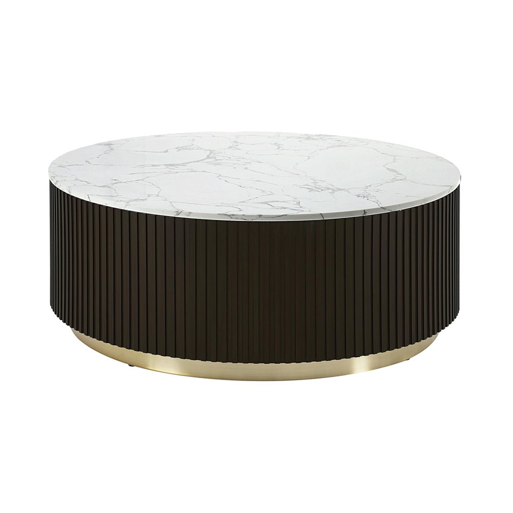 35" White Espresso and Gold Faux Marble Solid Wood and Steel Round Drum Coffee Table