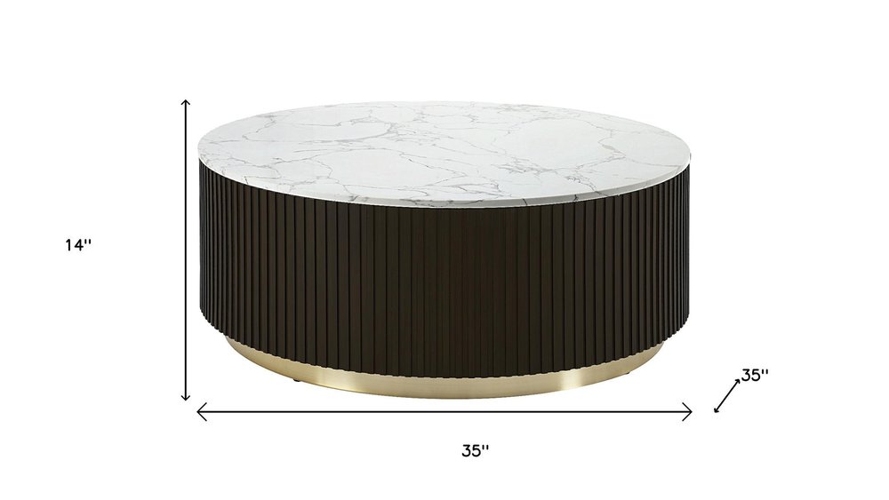 35" White Espresso and Gold Faux Marble Solid Wood and Steel Round Drum Coffee Table