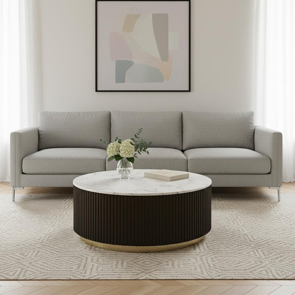 35" White Espresso and Gold Faux Marble Solid Wood and Steel Round Drum Coffee Table