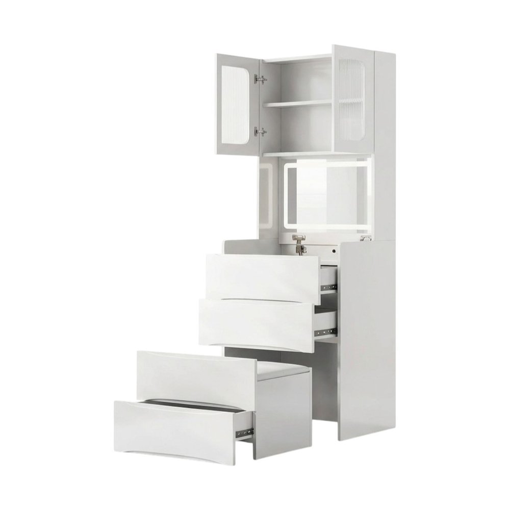 63" White Wood Lighted Mirrored Two Door Three Drawer Combo Dresser