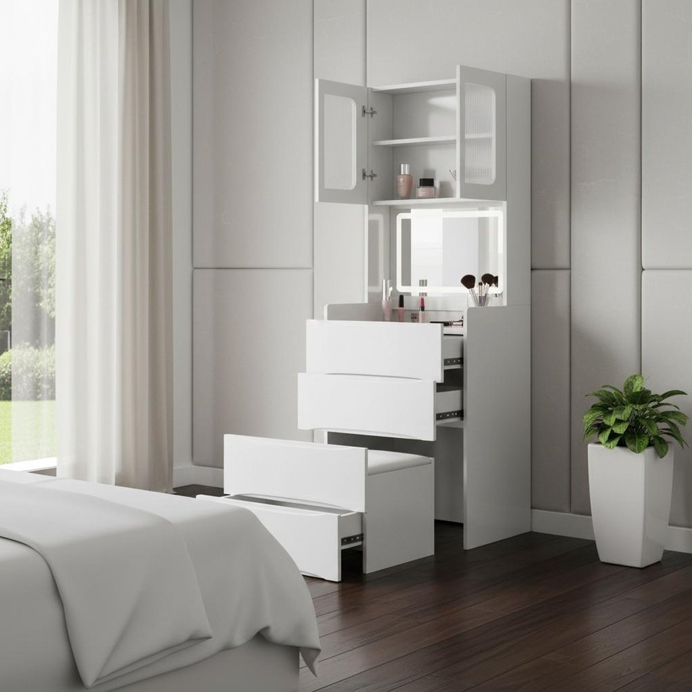 63" White Wood Lighted Mirrored Two Door Three Drawer Combo Dresser