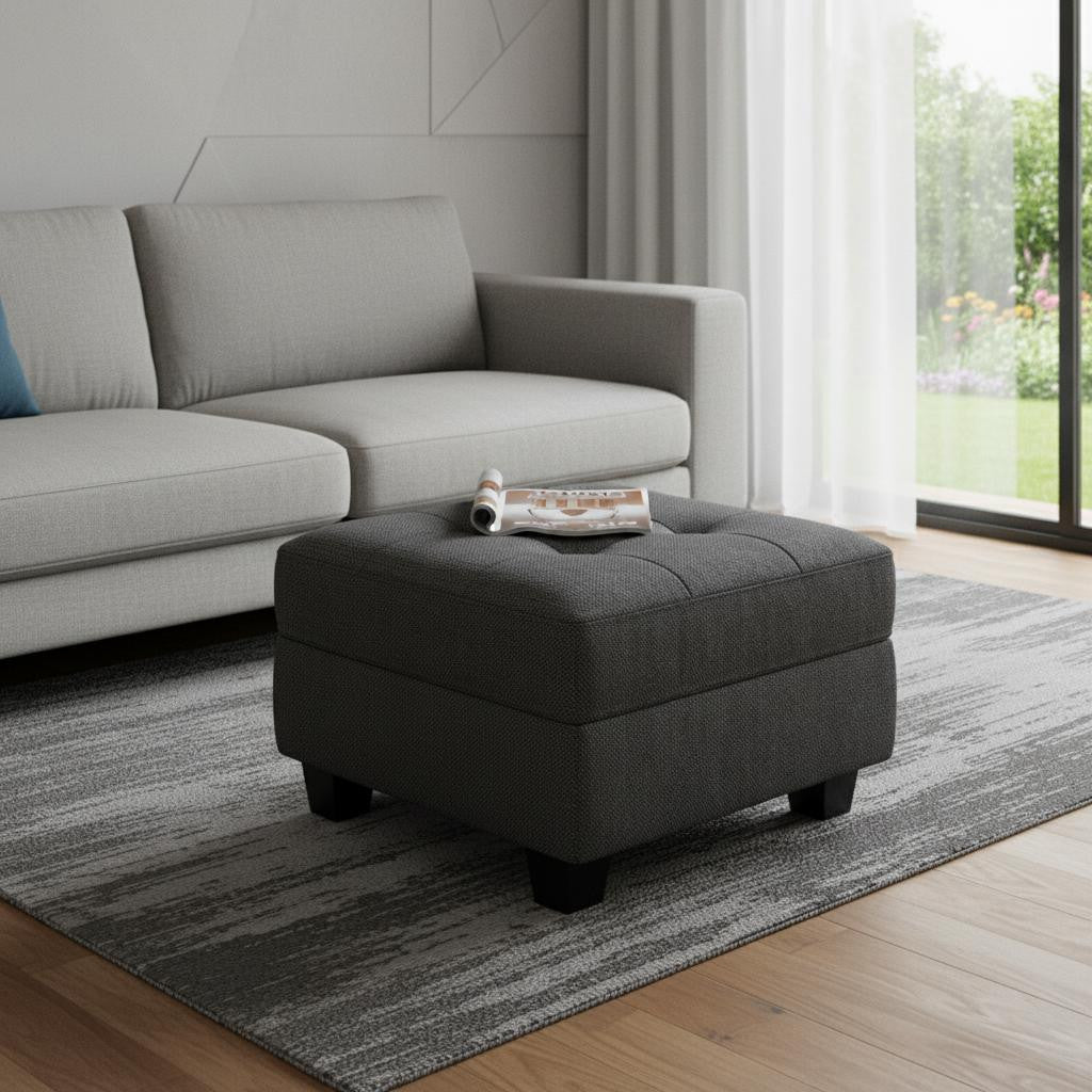26" Gray And Black Linen Tufted Ottoman With Storage