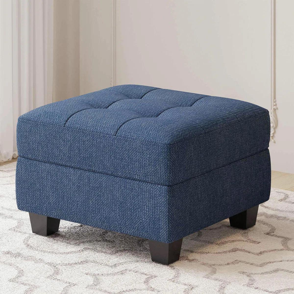 26" Blue And Black Linen Tufted Ottoman With Storage