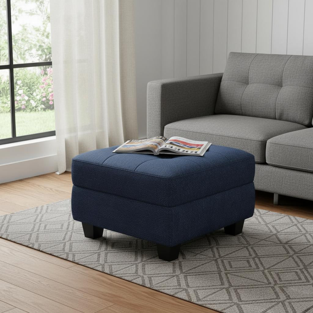 26" Blue And Black Linen Tufted Ottoman With Storage