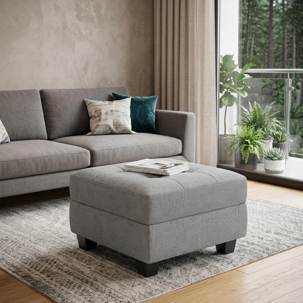 26" Light Gray And Black Linen Tufted Ottoman With Storage