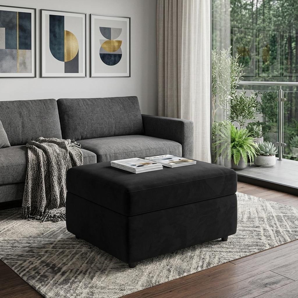 30" Black Velvet Ottoman With Storage