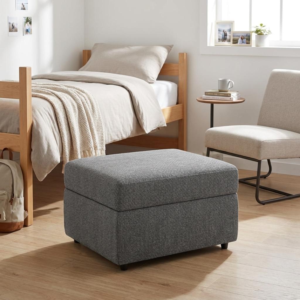 30" Light Gray And Black Chenille Ottoman With Storage