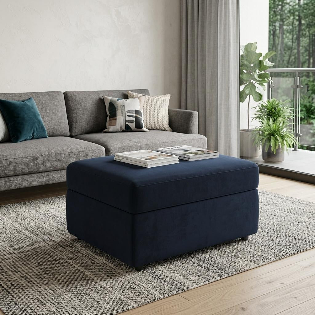 30" Blue And Black Velvet Ottoman With Storage