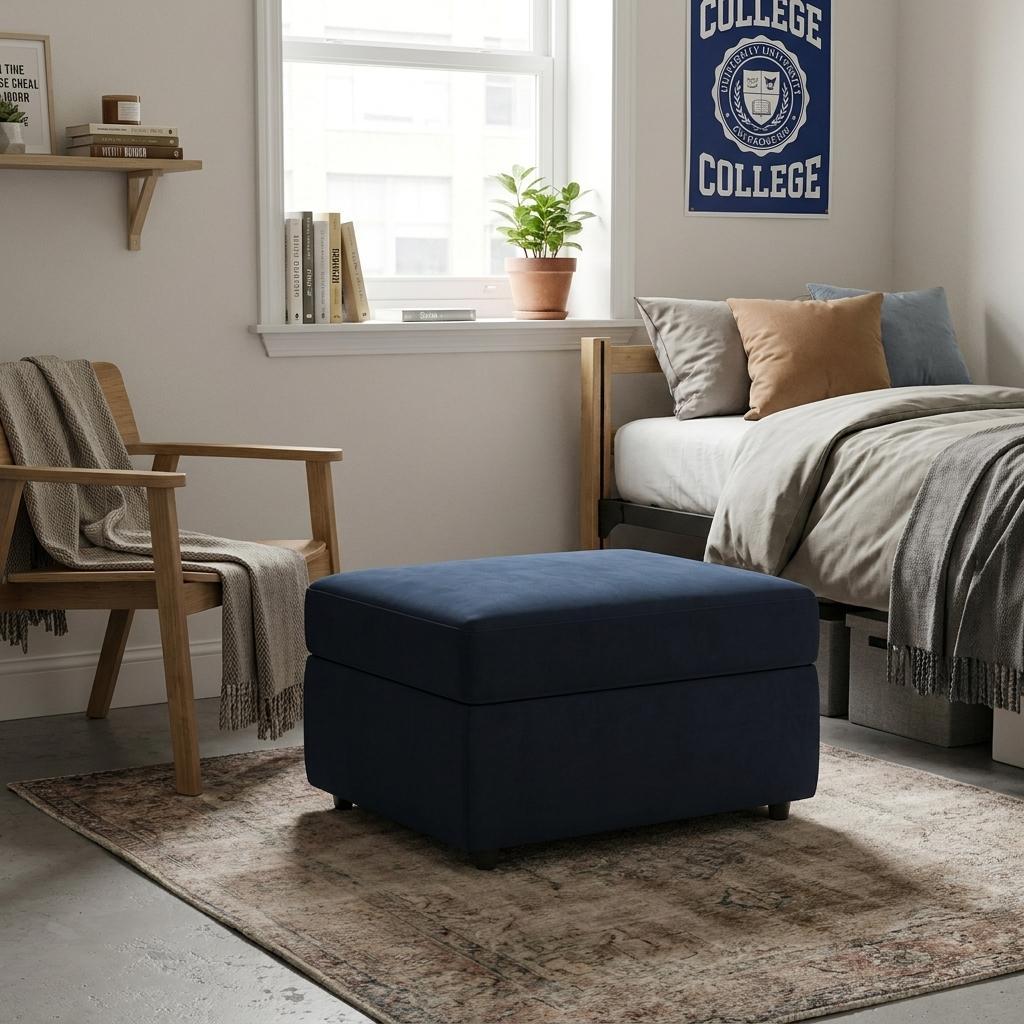 30" Blue And Black Velvet Ottoman With Storage