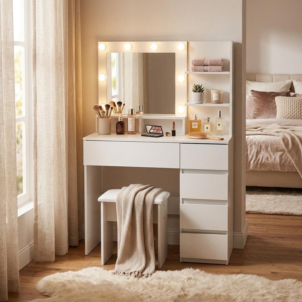 35" White Wood Five Drawer Vanity Table With Stool Mirror And Lights