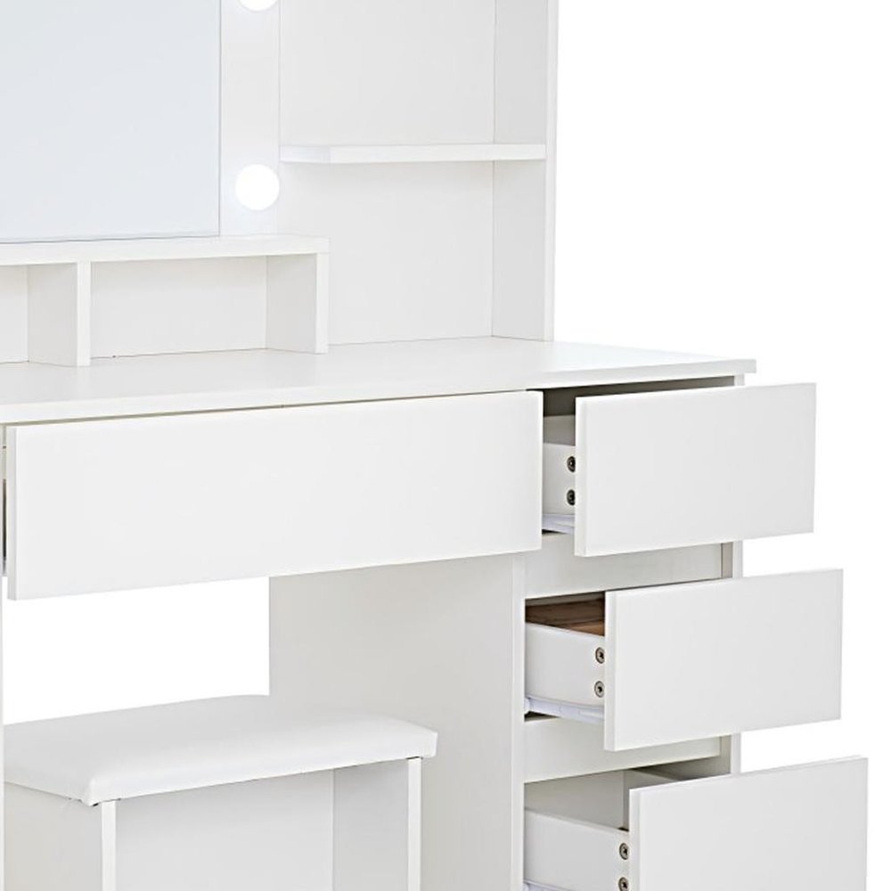 35" White Wood Five Drawer Vanity Table With Stool Mirror And Lights