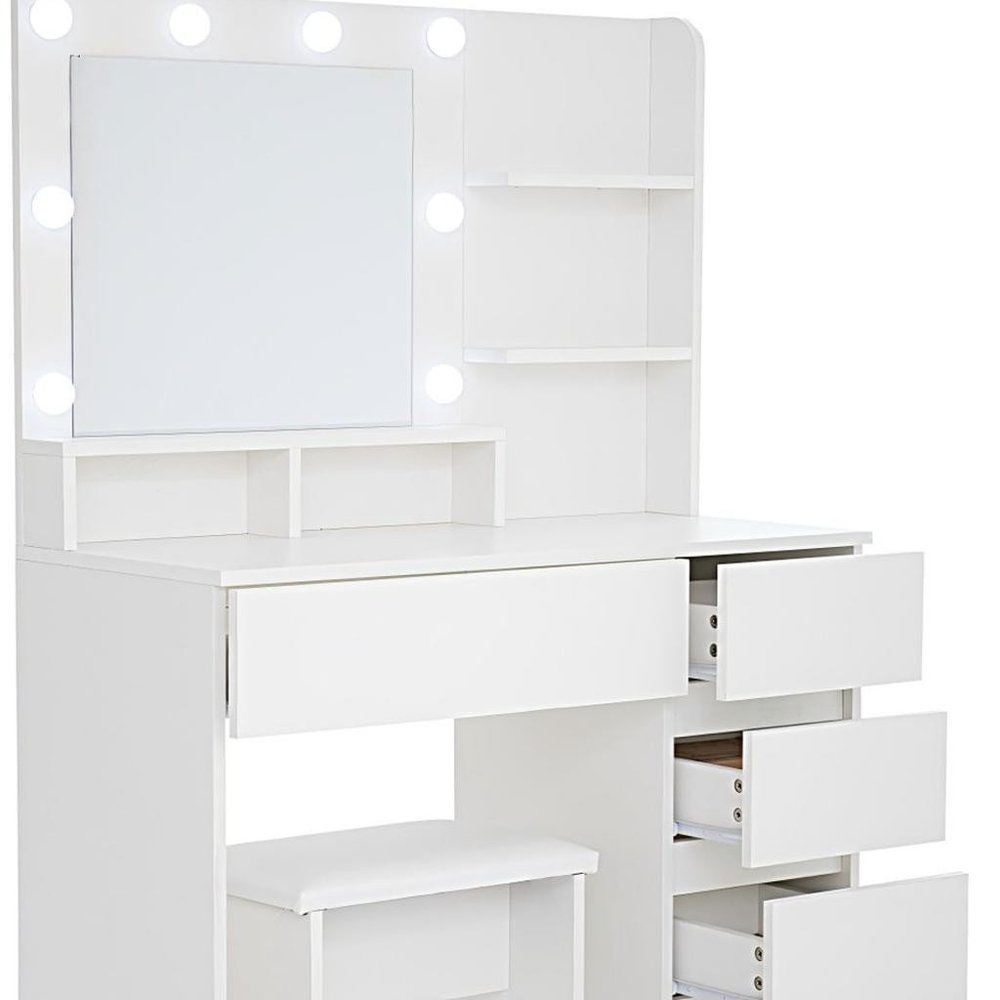 35" White Wood Five Drawer Vanity Table With Stool Mirror And Lights