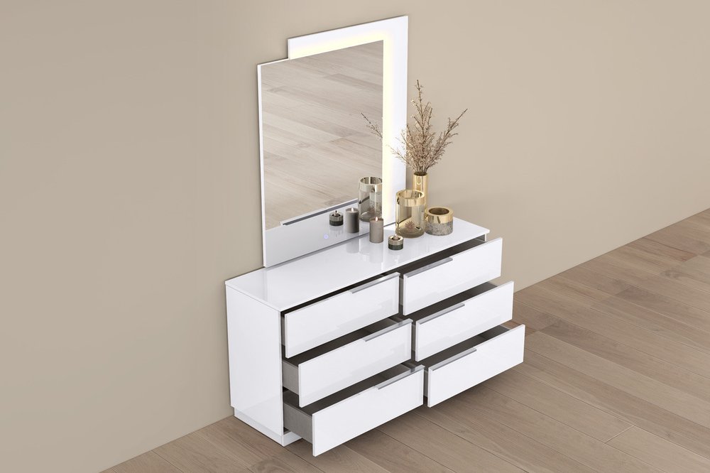 62" White Wood Six Drawer Double Dresser