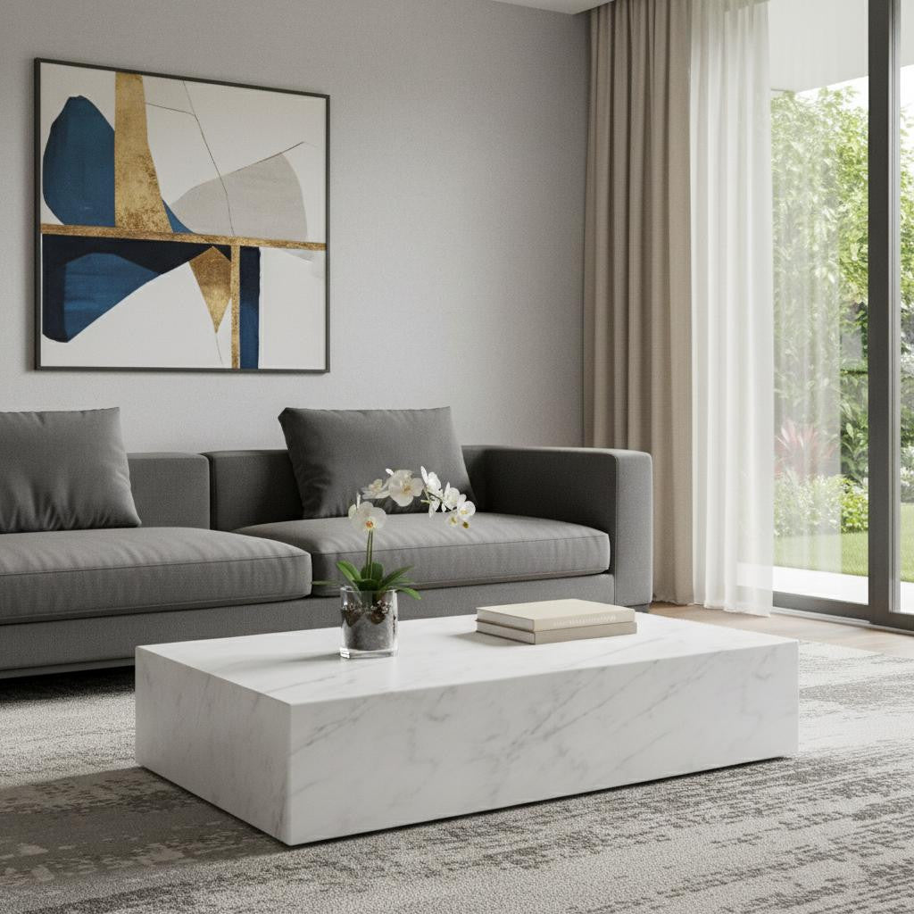 55" White Genuine Marble Block Coffee Table