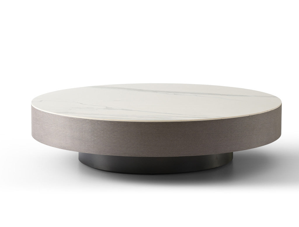 41" White and Gray Ceramic Tile and Wood Round Pedestal Coffee Table