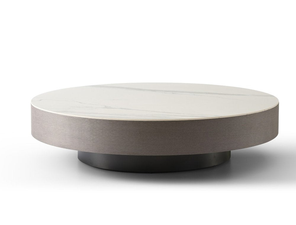 41" White and Gray Ceramic Tile and Wood Round Pedestal Coffee Table